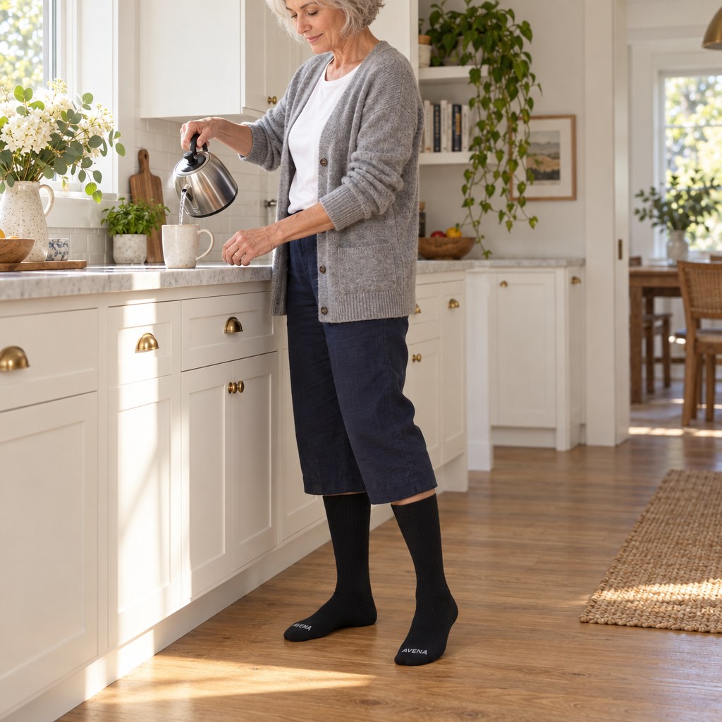 Woman pouring tea in her kitchen wearing AlpaRelief Compression Socks