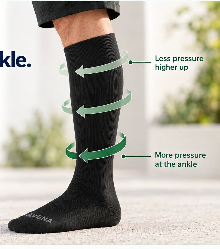 Illustrative black Avena sock with directional compression arrows