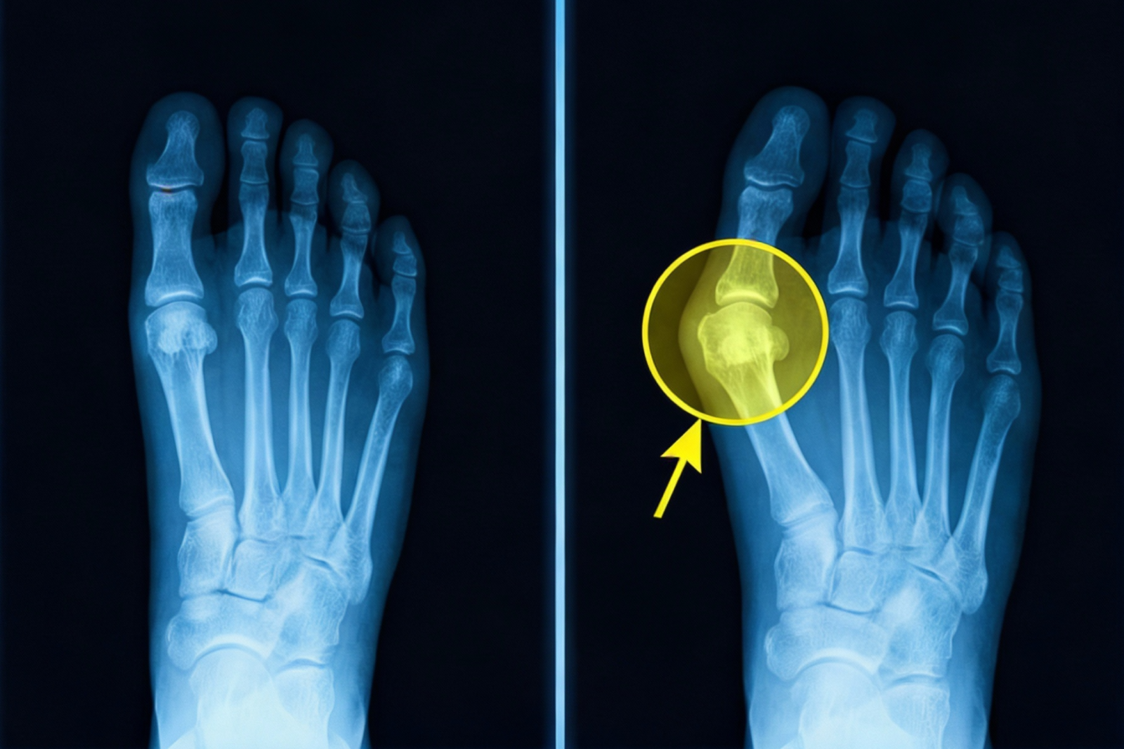 X-ray of a foot with the big toe joint circled