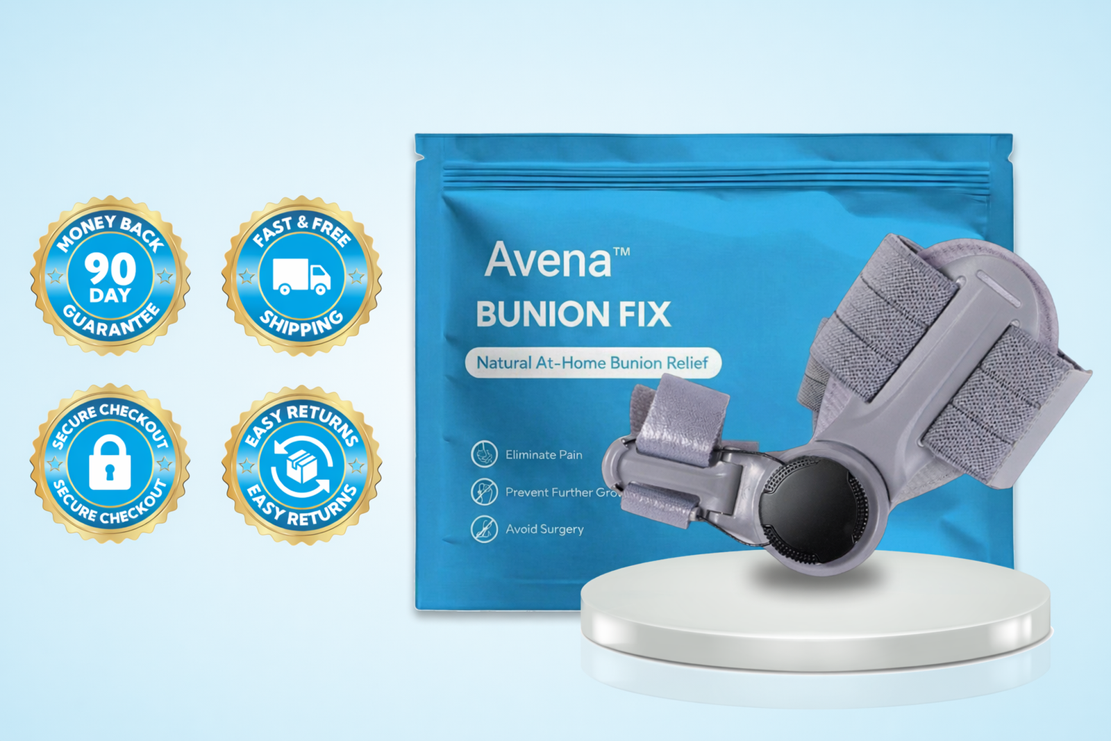 The Avena Bunion Fix with its box and badges