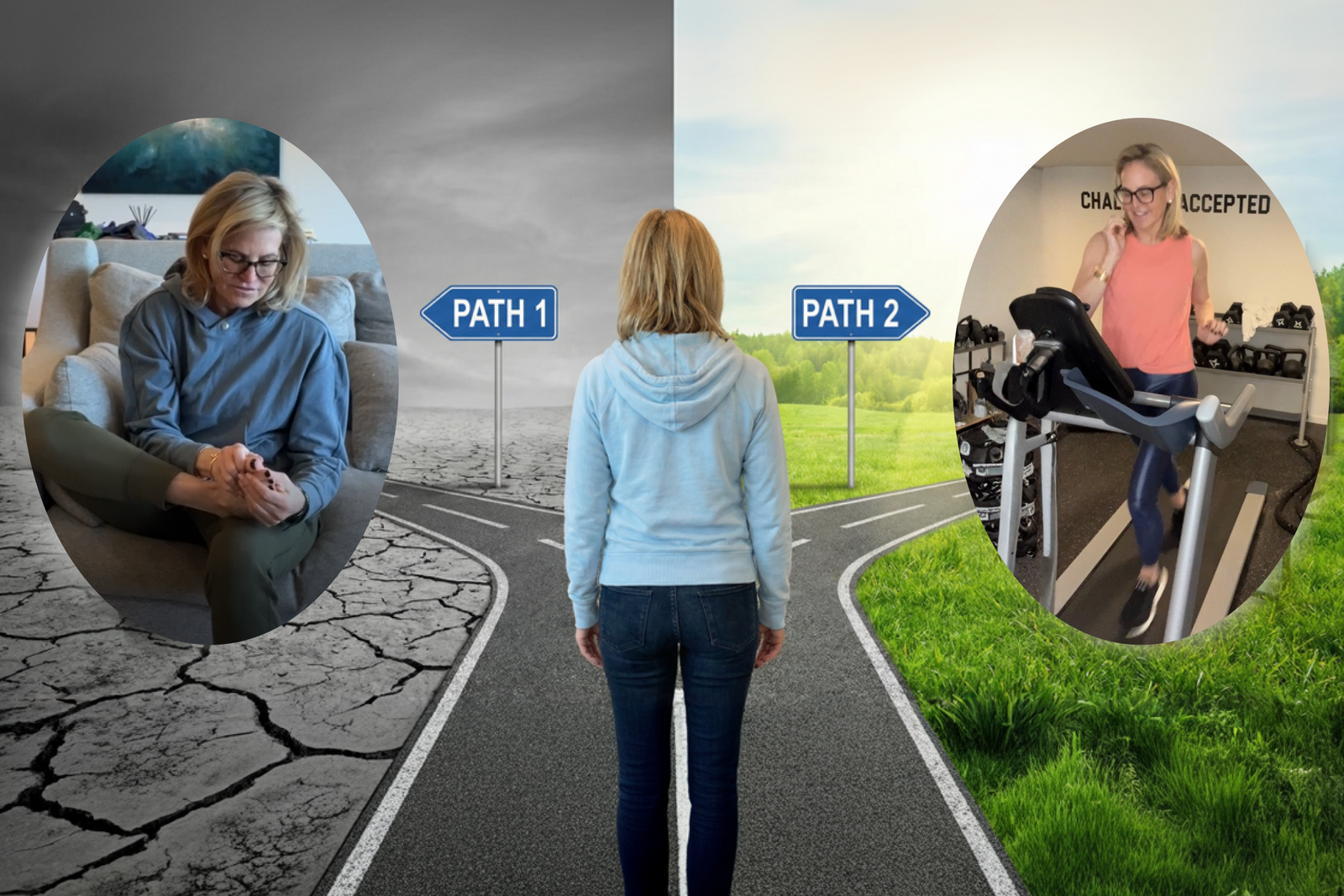 A woman at a fork in the road marked PATH 1 and PATH 2