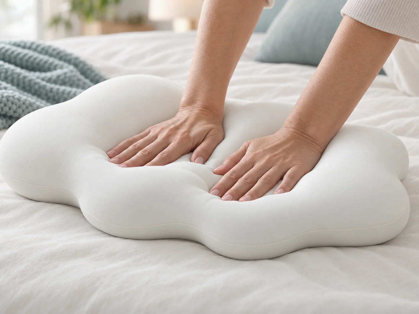 Hands pressing into the memory foam