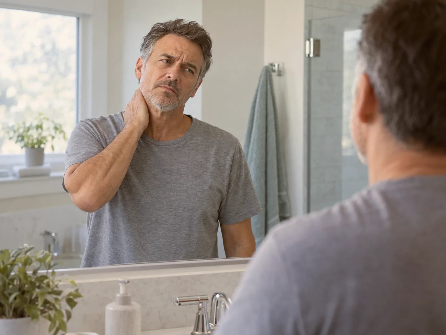 A man at a bathroom mirror with one hand on his stiff neck