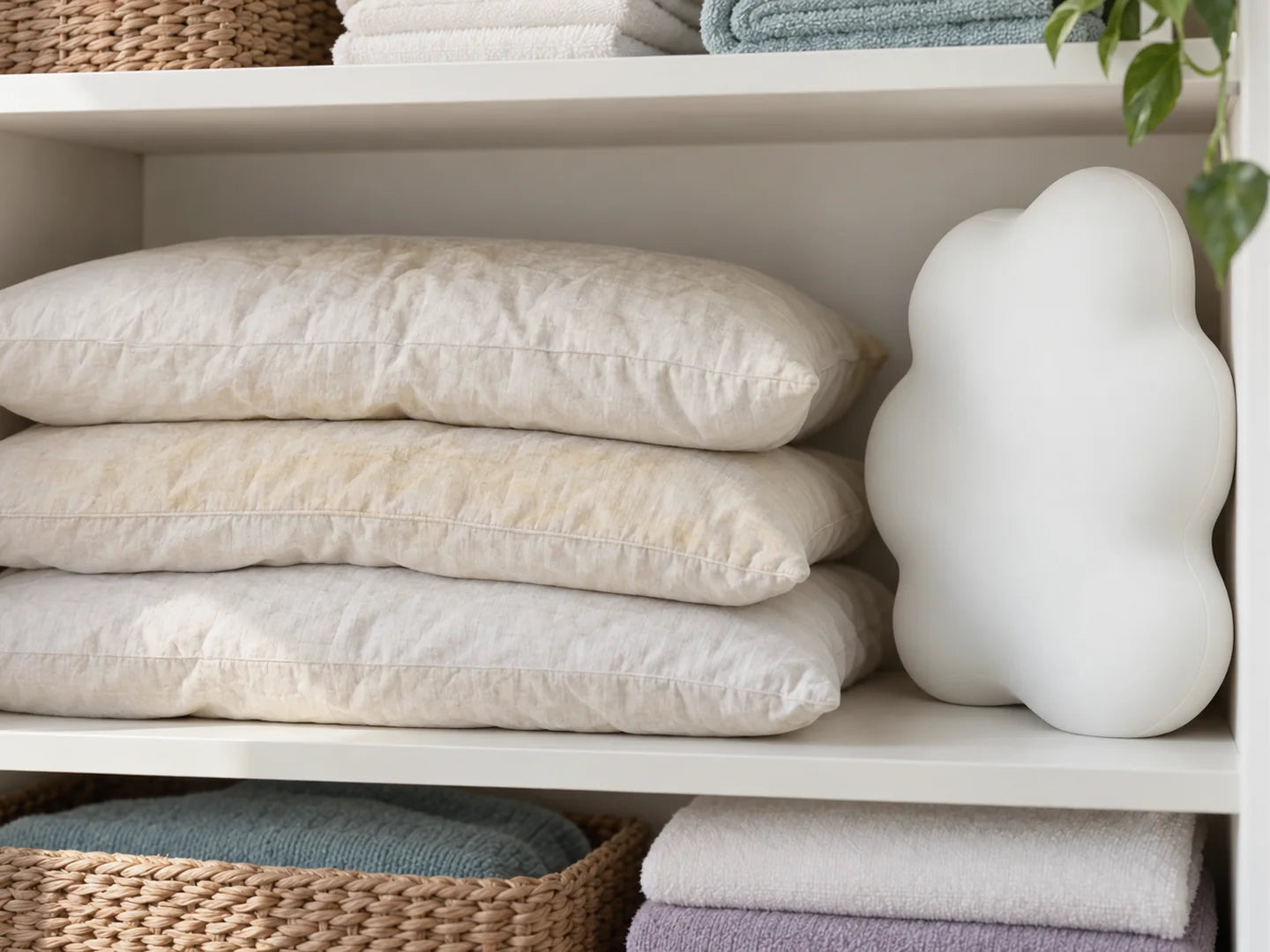 A linen closet shelf of flat, tired pillows beside one new cloud-lobed pillow