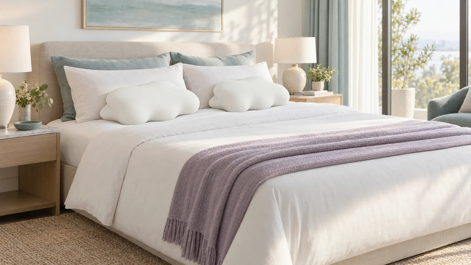 Two Avena Cloud Pillows at the head of a made bed