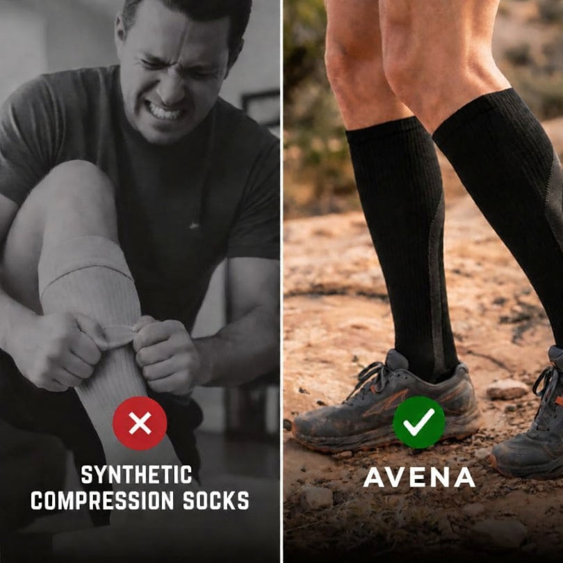 Thin synthetic compression sock beside the Avena alpaca compression sock