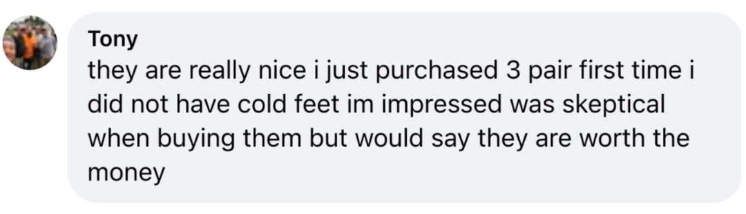Customer comment from Tony about the socks