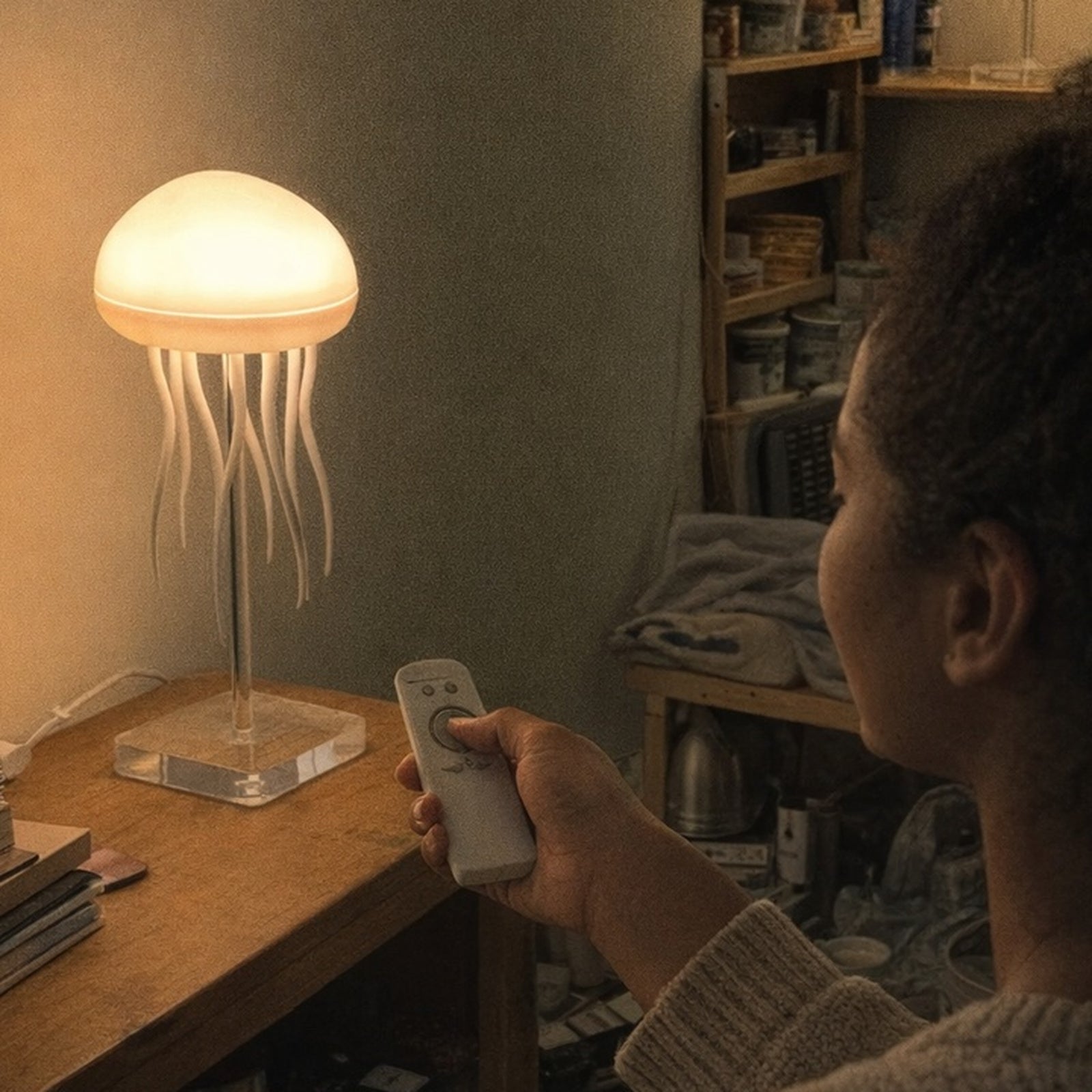 Hand pointing the wireless remote at a glowing Dancing Glow Jellyfish