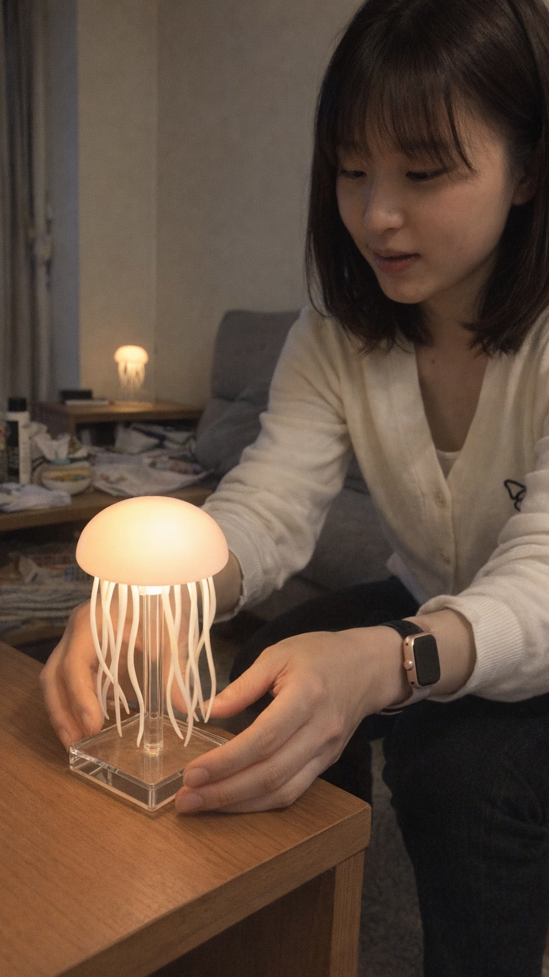 Two or three Dancing Glow Jellyfish lamps in Priya D.’s indoor room