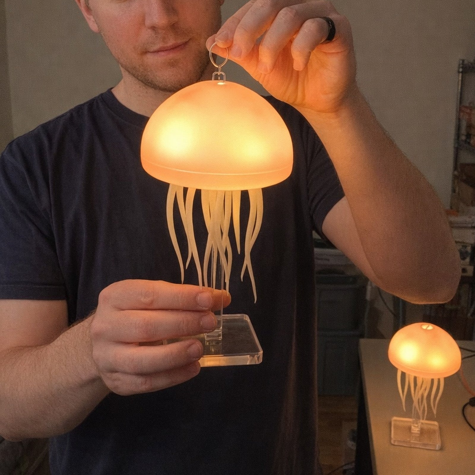 Two Dancing Glow Jellyfish lamps in Lucas K.’s indoor room
