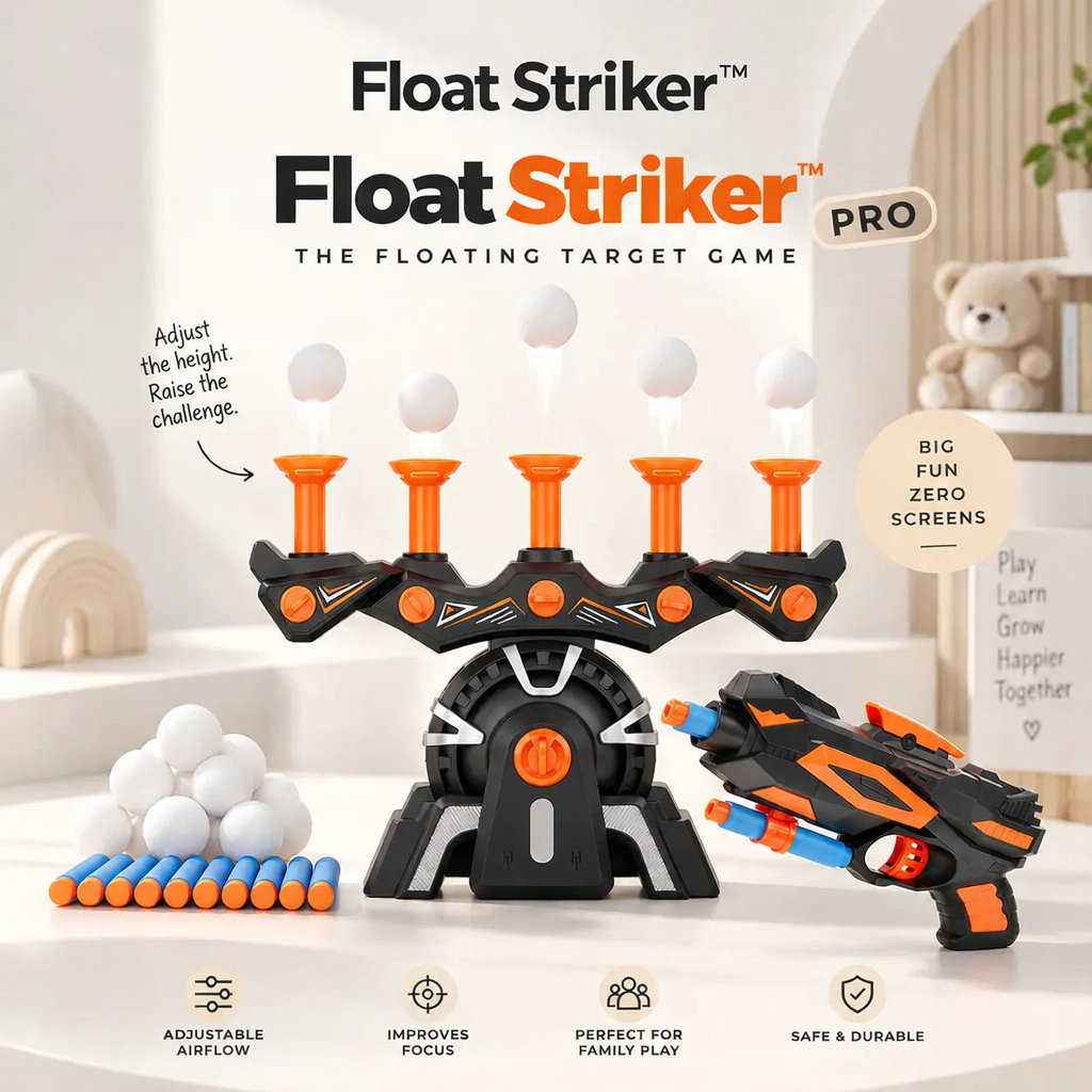 Float Striker target game set with five floating balls, blaster, darts and spare balls