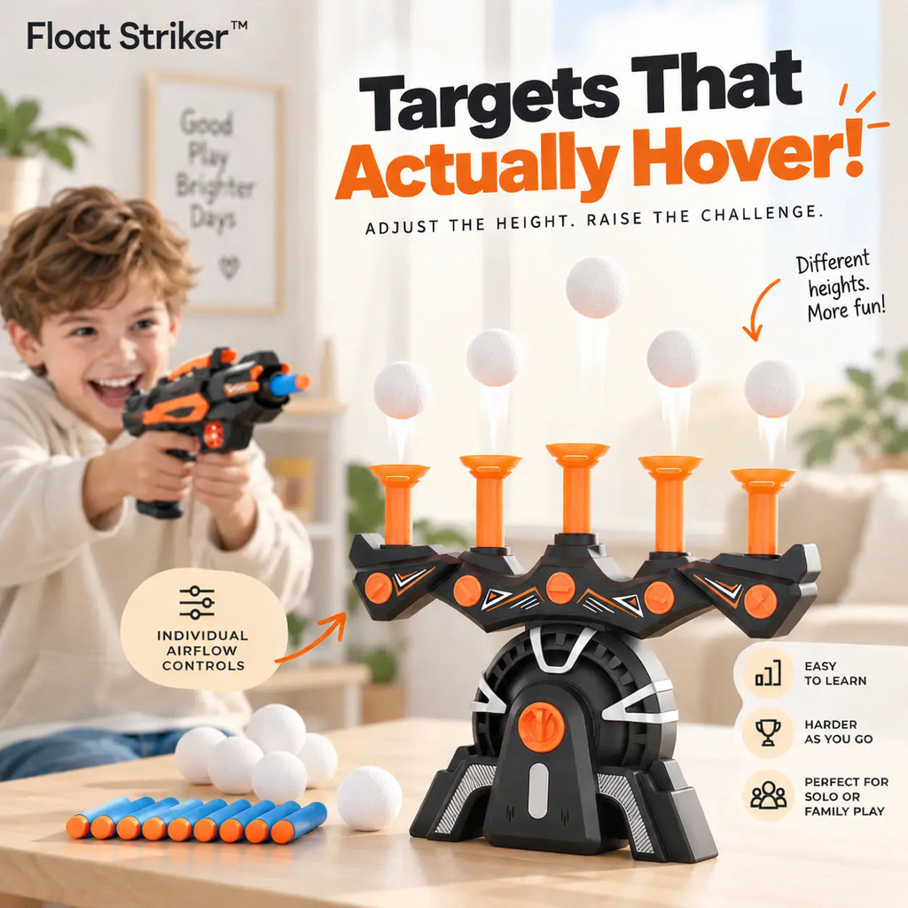 Child aiming the Float Striker blaster at five floating targets
