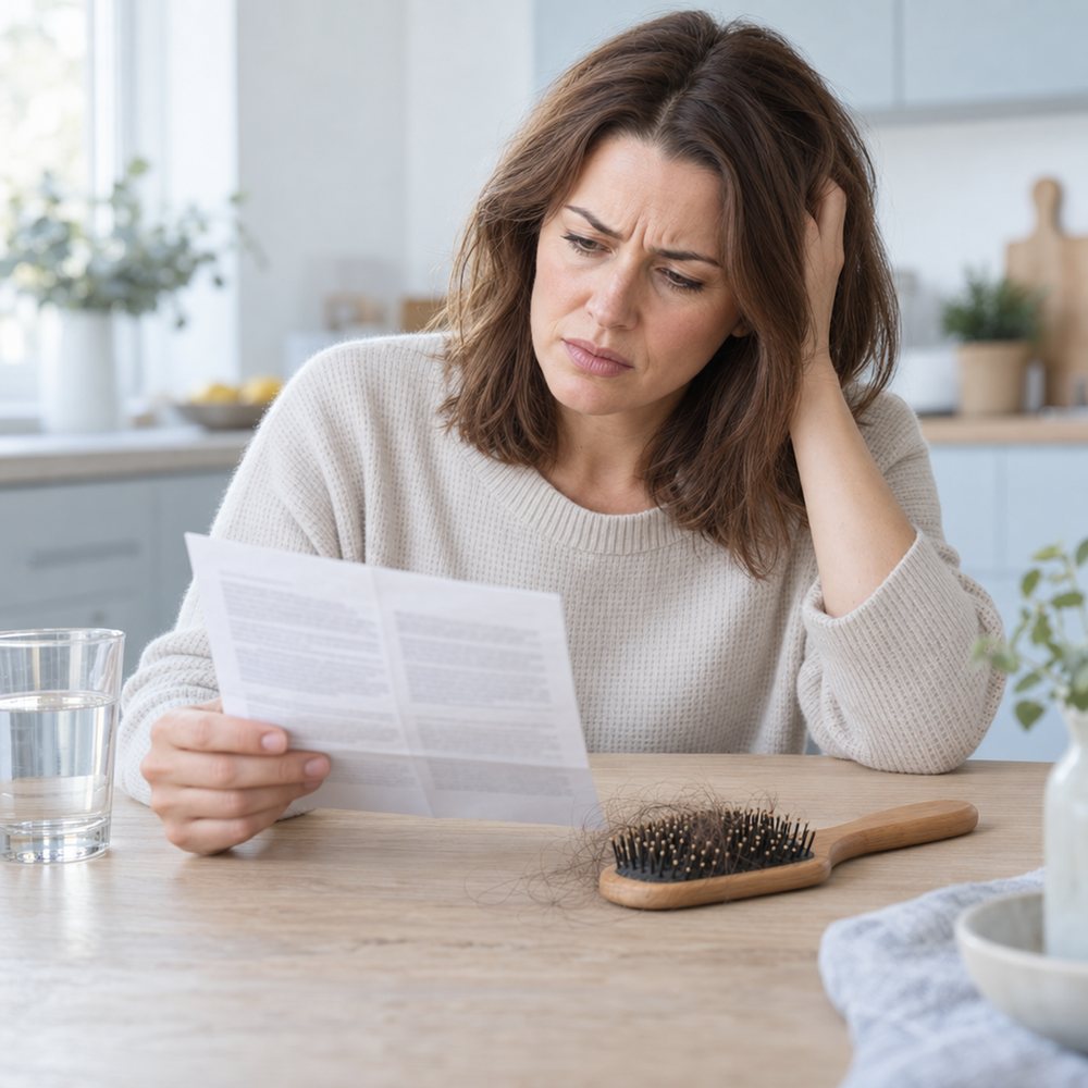 Frustrated woman reading her lab results with a hairbrush full of shed hair