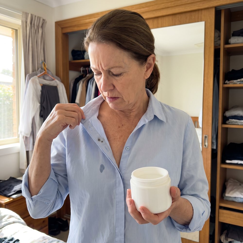 A woman holding a jar of thick cream, looking at a greasy mark inside her blouse collar