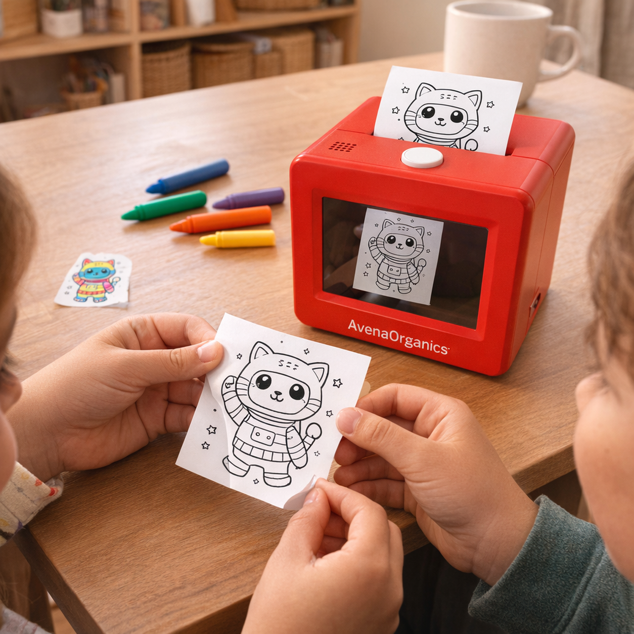 Hands peeling and colouring the printed cat astronaut sticker
