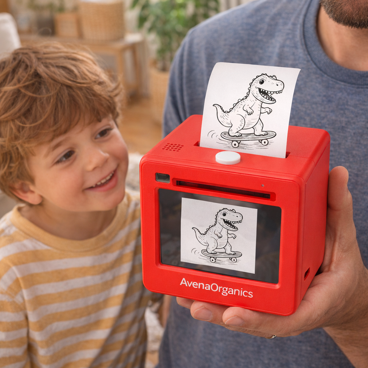 Dinosaur sticker rising from the top print slot