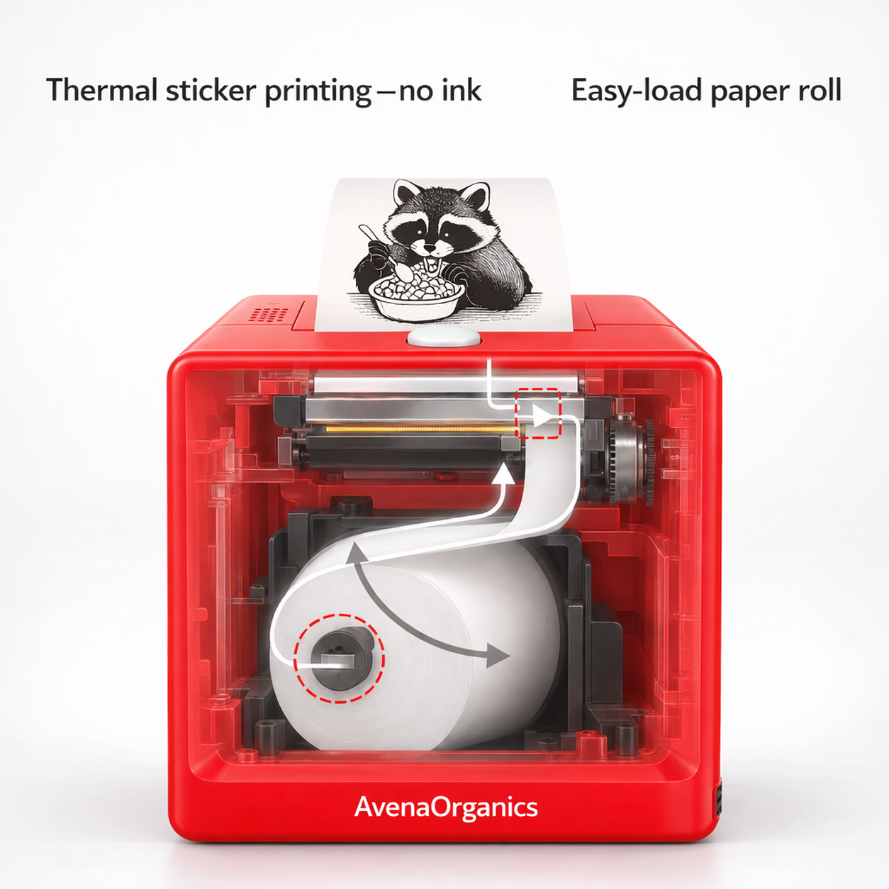 Cut-away view showing the thermal paper roll and print path inside the Oddly Fun Sticker Printer