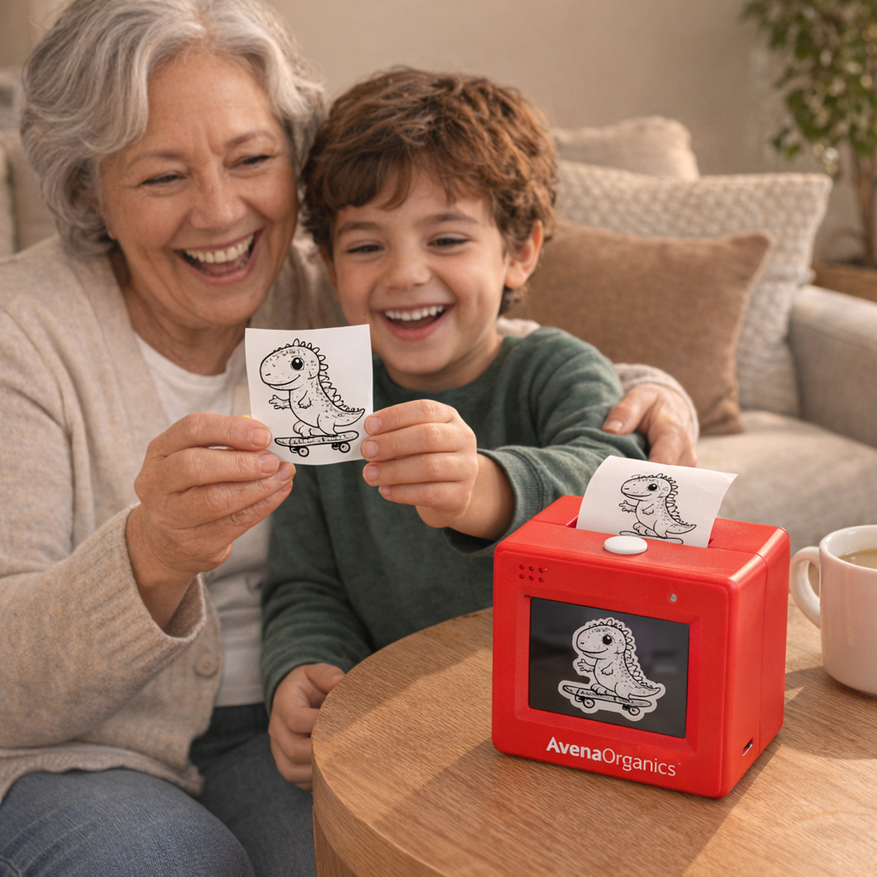 Carol M. printing stickers with her grandson at home
