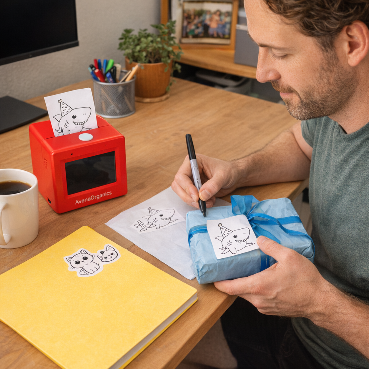 Dan K. making labels, gift tags and lunchbox notes at home