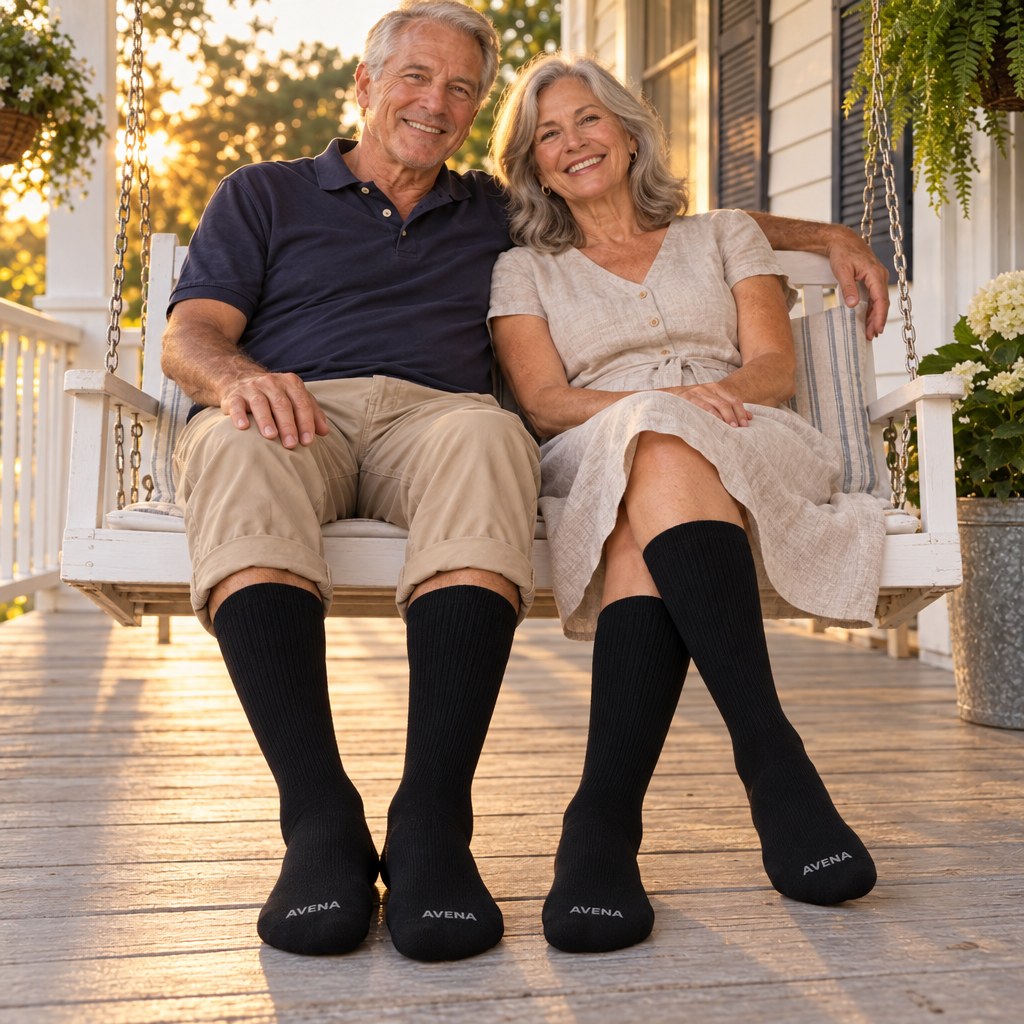 Couple on a porch swing wearing AlpaRelief Compression Socks