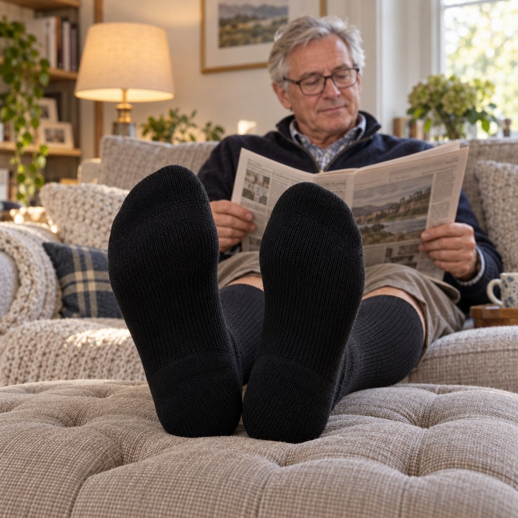 Man relaxing with his feet up, showing the cushioned soles of AlpaRelief Compression Socks