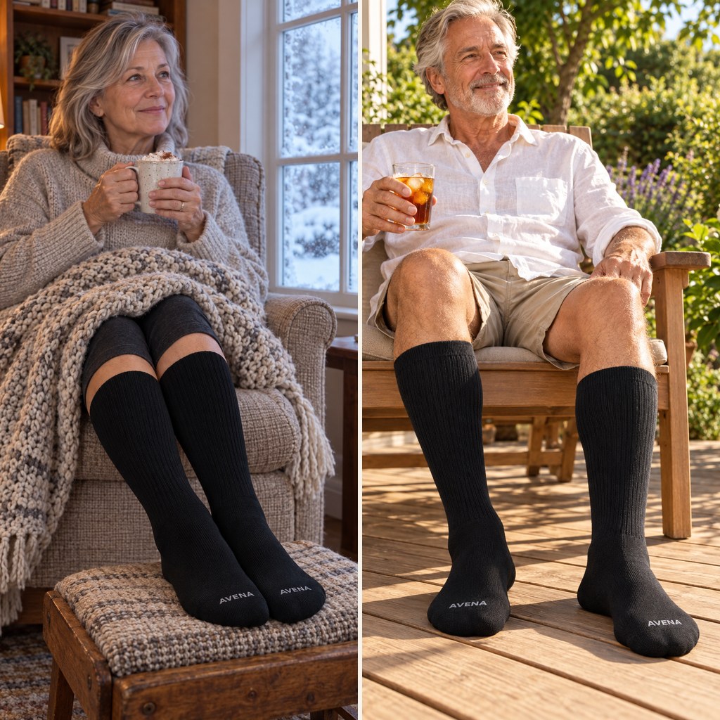 AlpaRelief Compression Socks worn beside a snowy window and on a hot summer deck