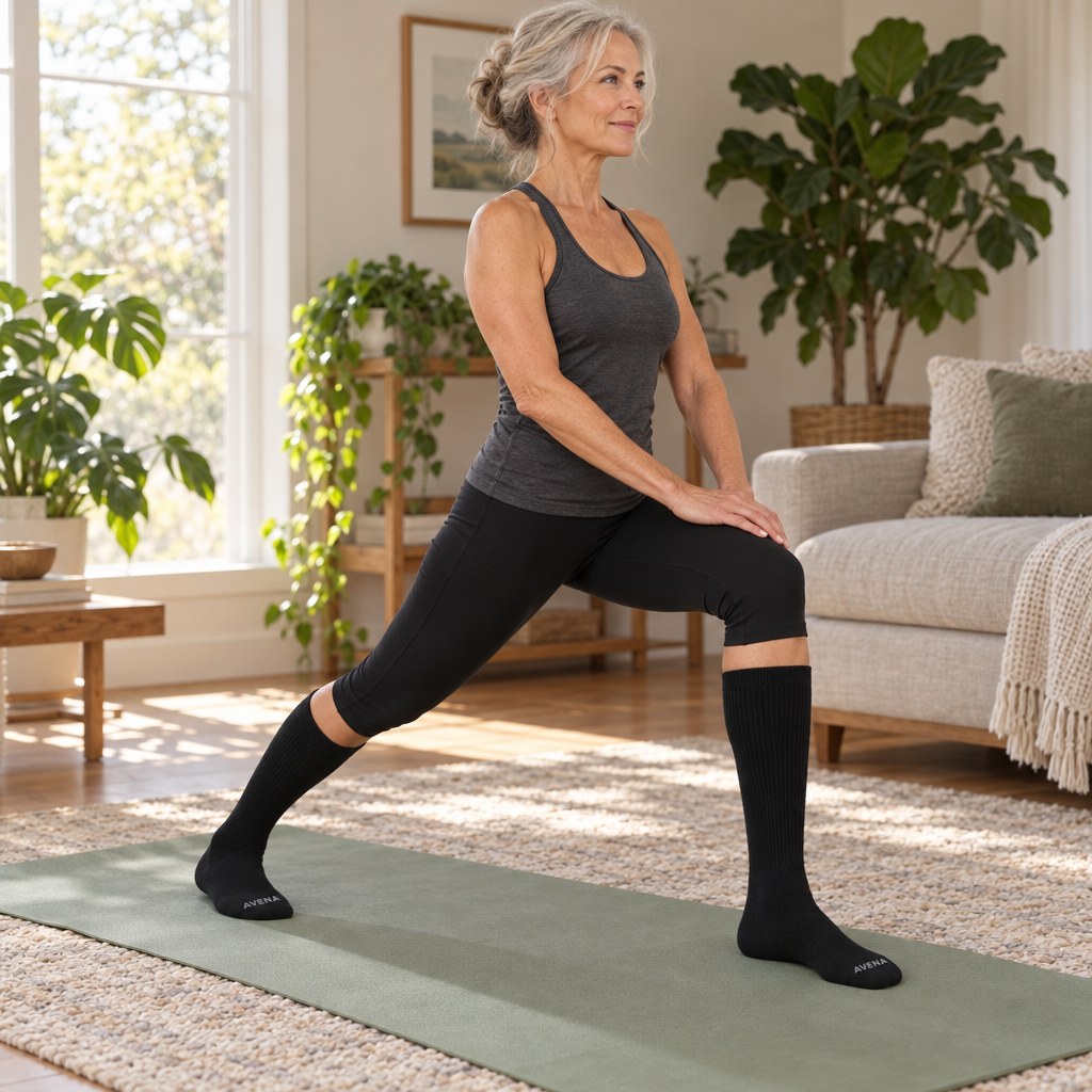 Woman stretching on a yoga mat in AlpaRelief Compression Socks that stay in place