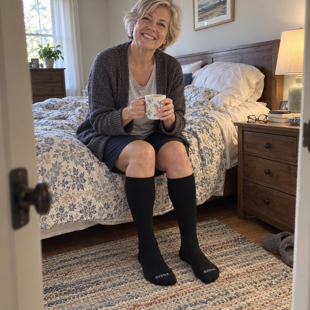 Customer photo: socks on, sitting on the edge of the bed