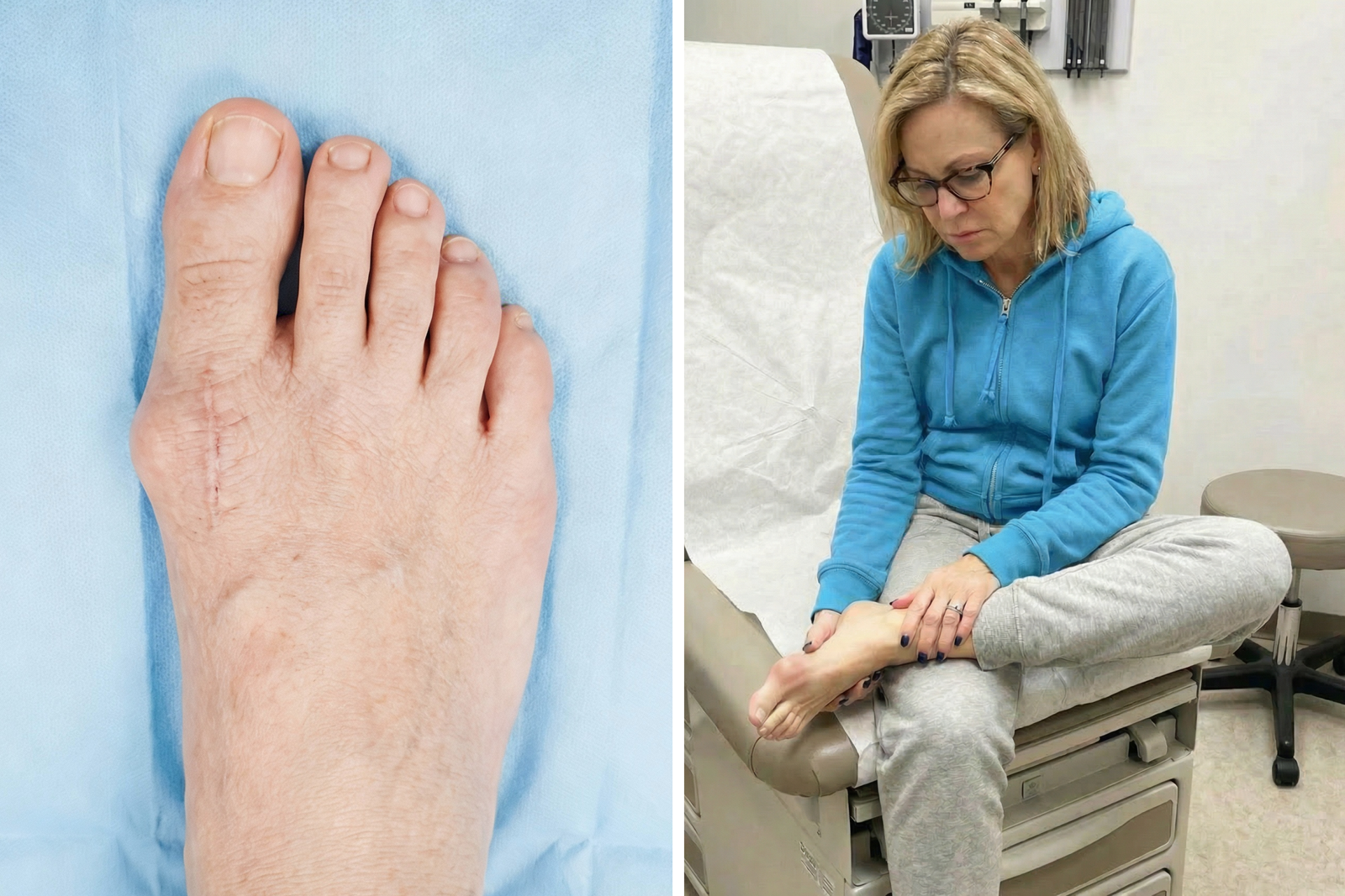 A bunion on a bare foot beside a worried woman