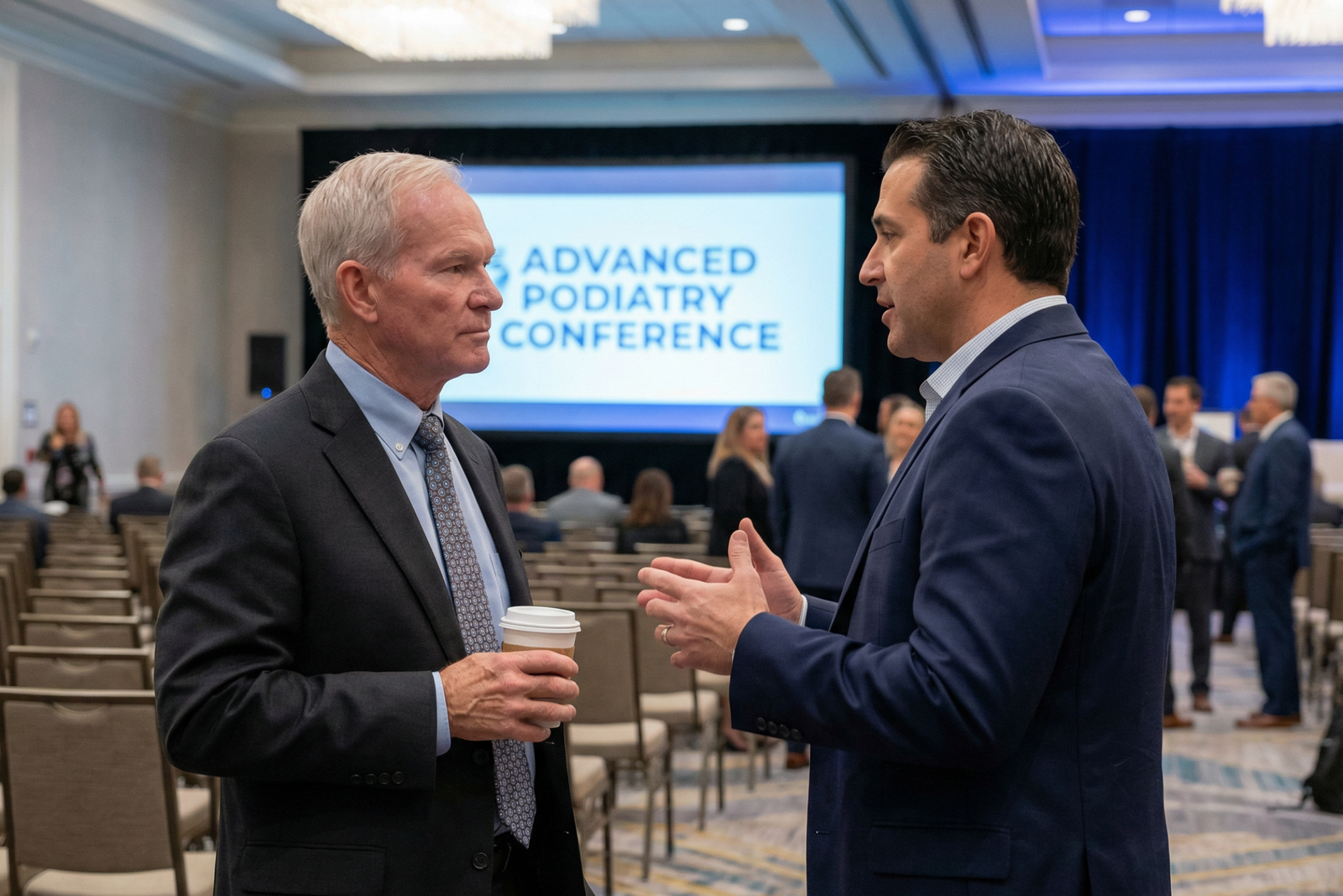 Two men talking at an Advanced Podiatry Conference