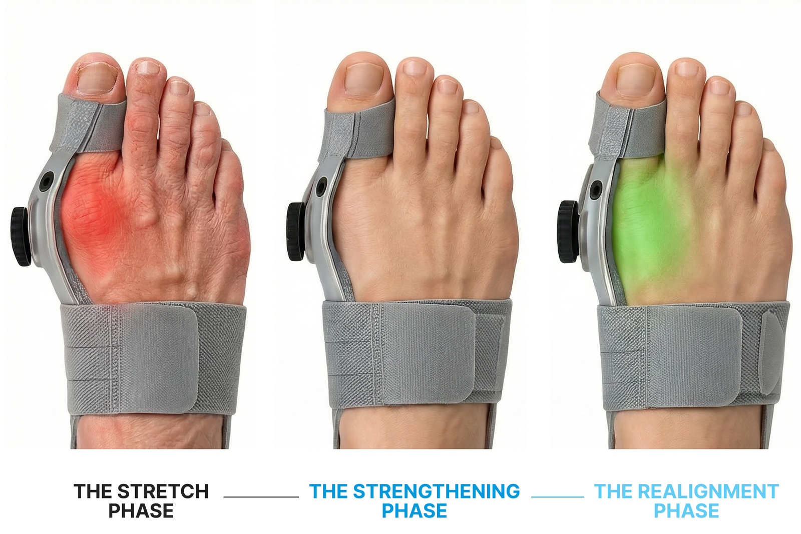 Three feet showing the stretch, strengthening and realignment phases