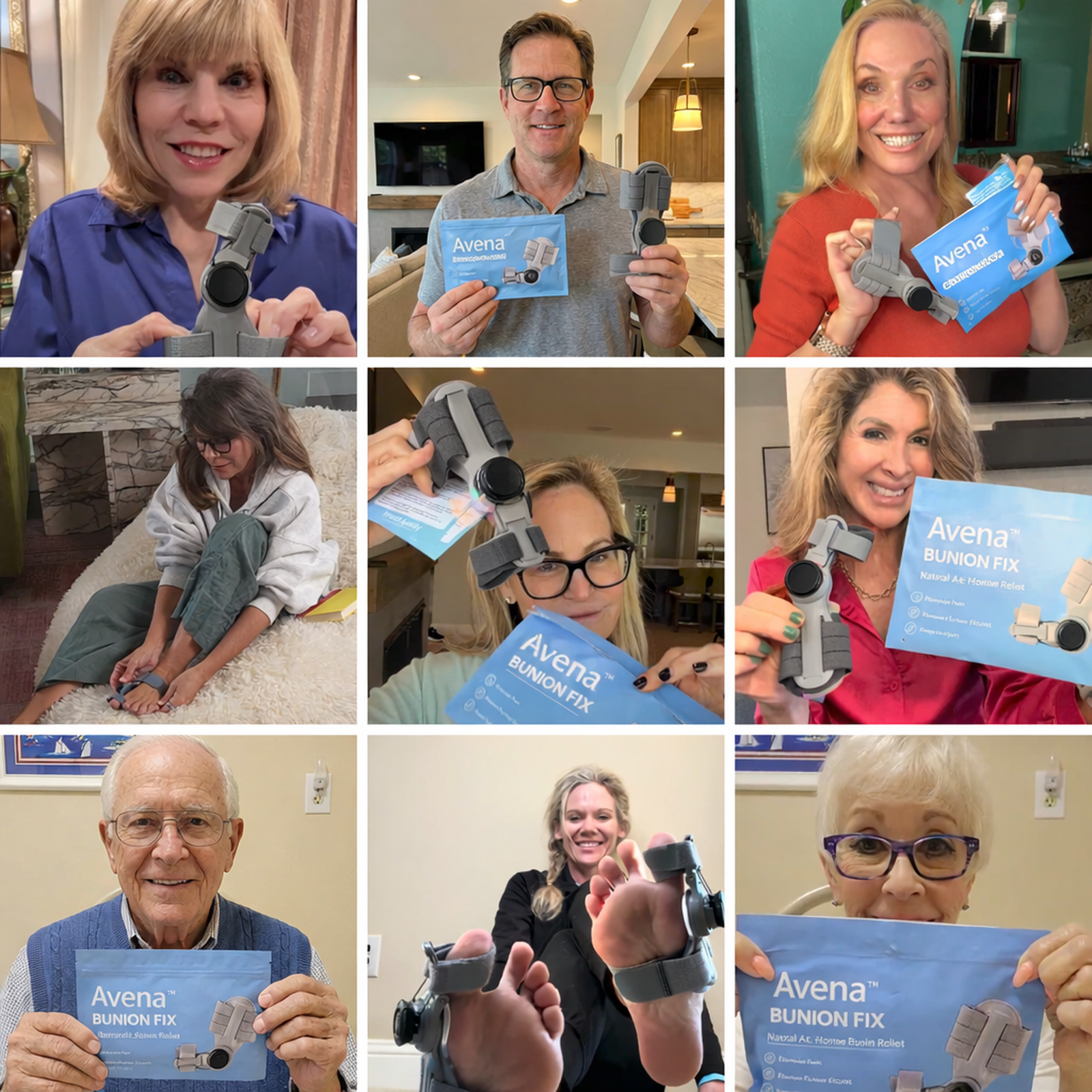 A grid of people holding the Avena Bunion Fix box