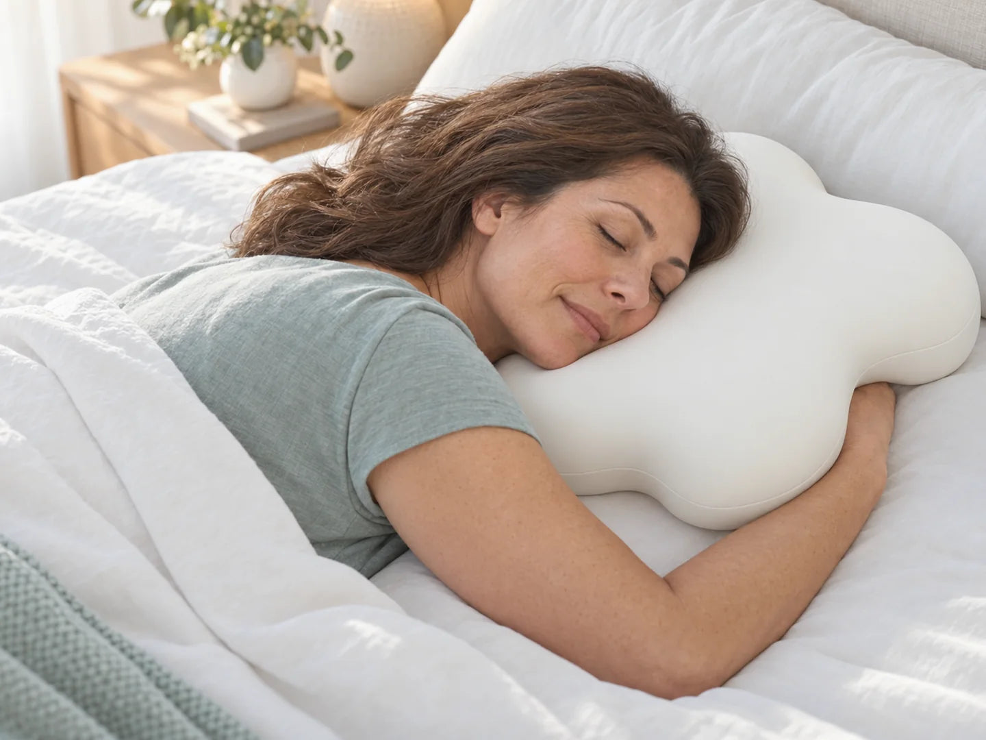A side sleeper with her arm resting in the side notch