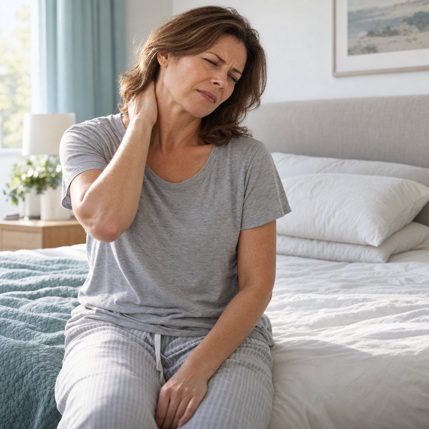 A woman sitting on the edge of her bed holding her stiff neck, a flat folded pillow behind her