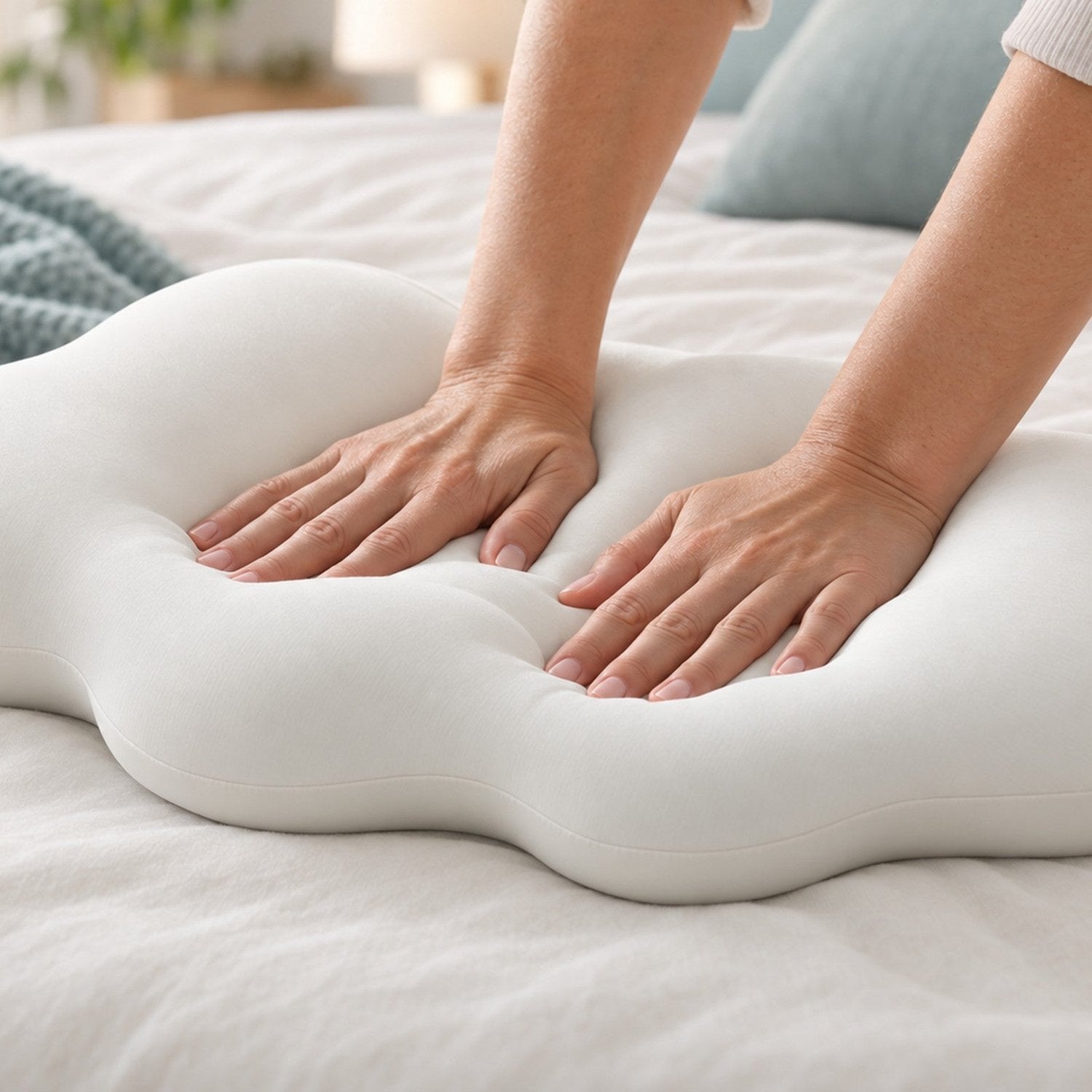 Hands pressing into the slow-rebound foam