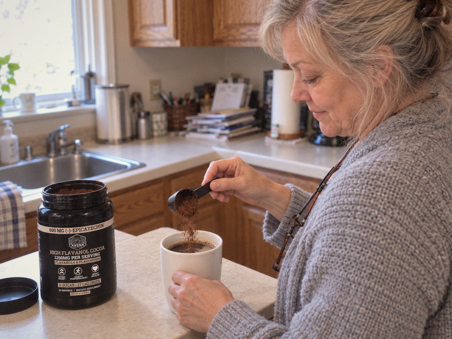Linda at her kitchen counter tipping a scoop of cocoa into her coffee