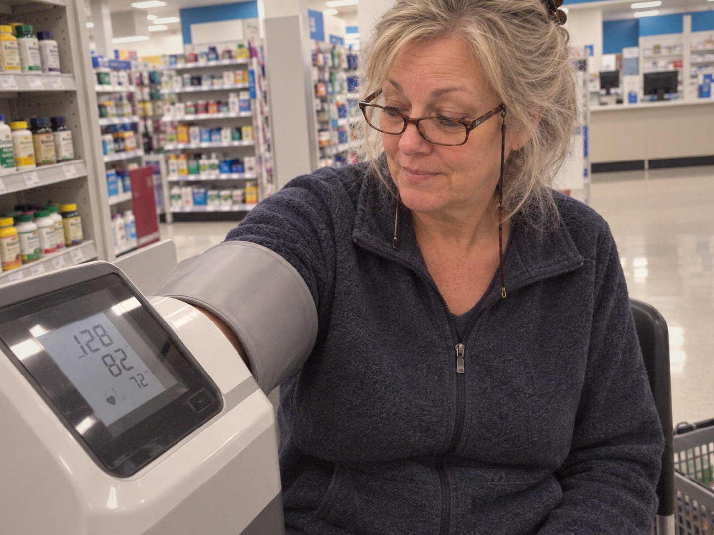 Linda seated at the pharmacy blood pressure machine with her arm in the cuff