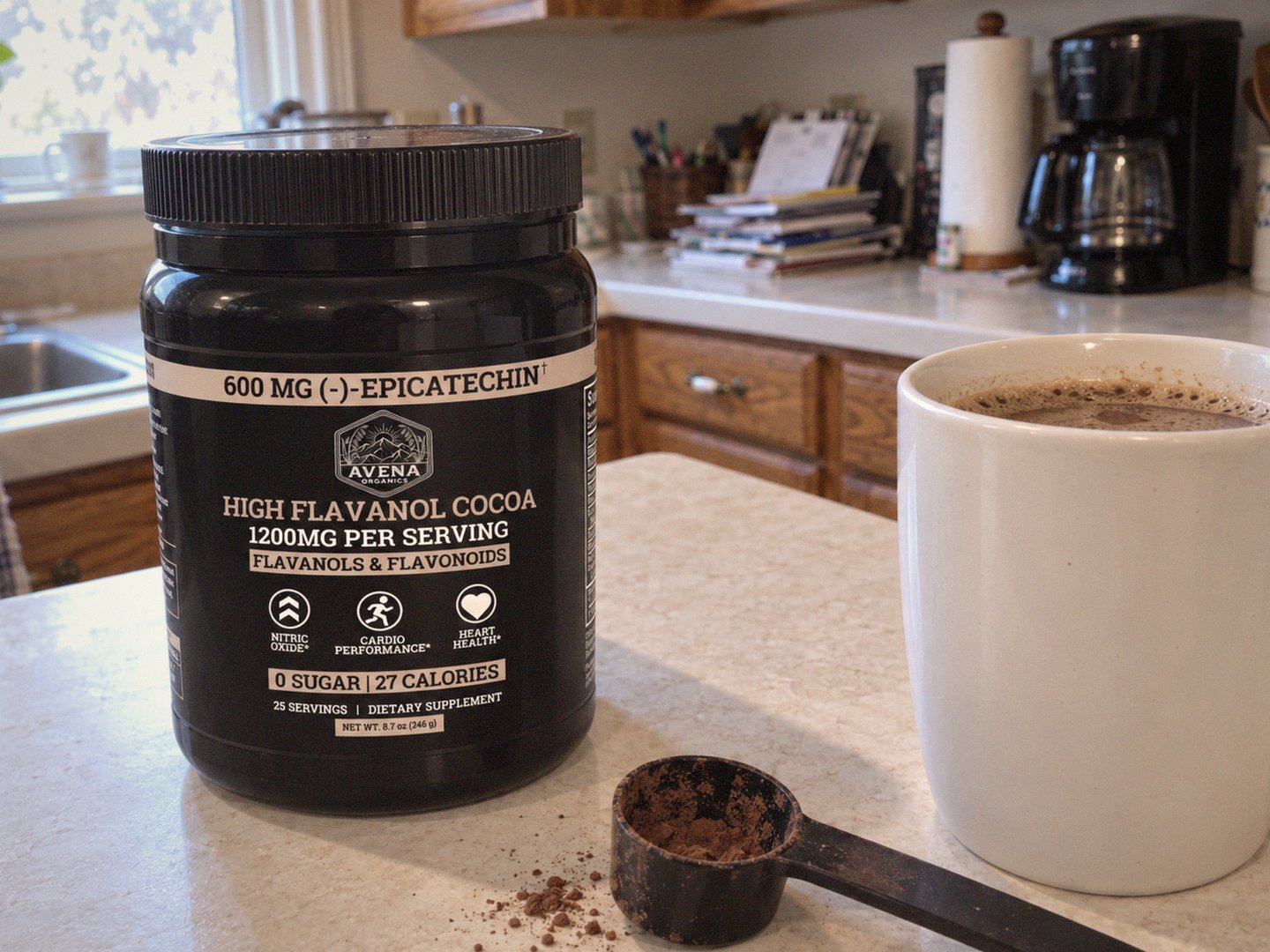 The Avena High Flavanol Cocoa jar on Linda's counter beside her coffee mug