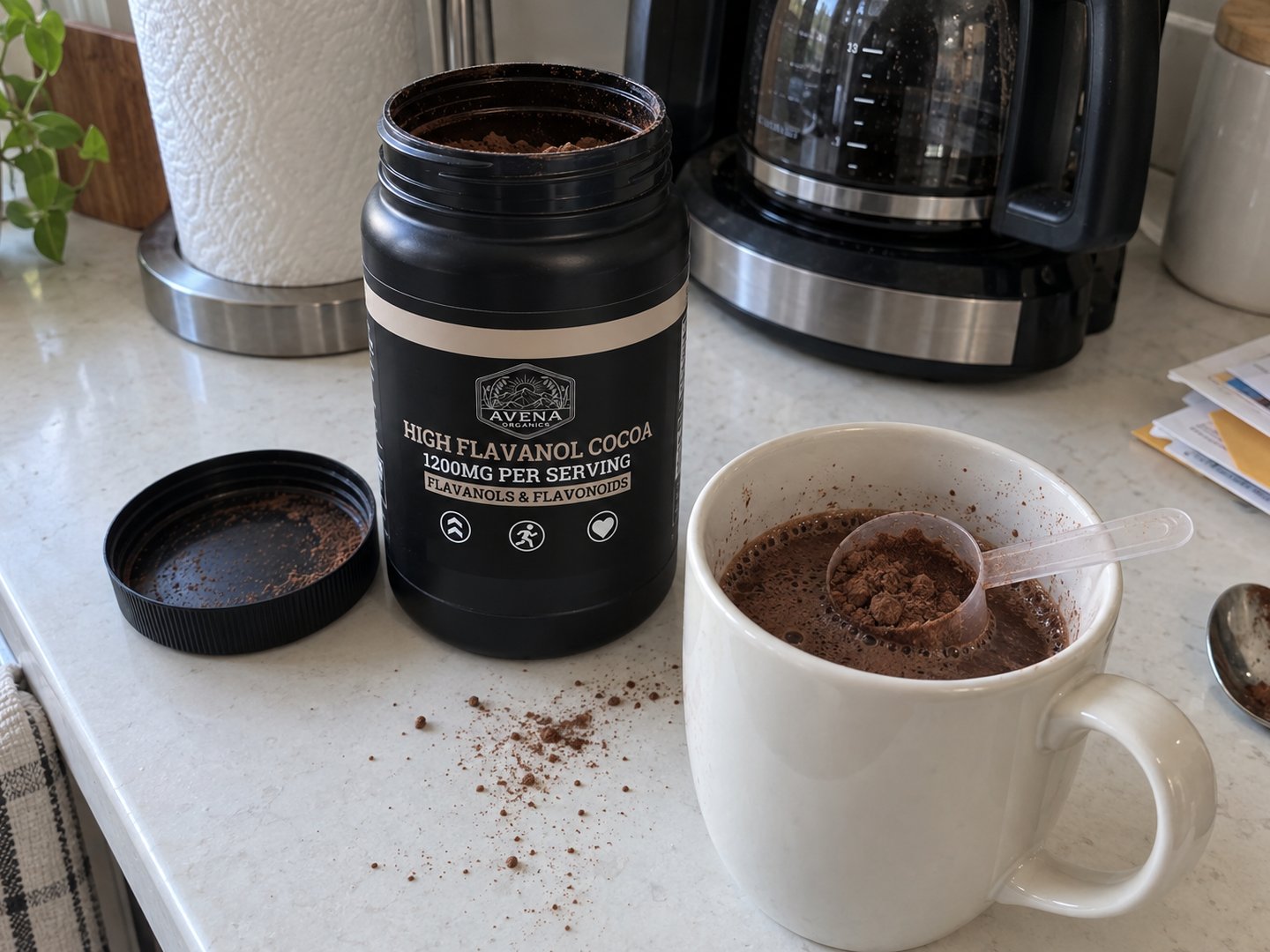'600 mg of epicatechin per scoop… in my coffee, without a second thought.' Day 1 morning, scoop in the mug.