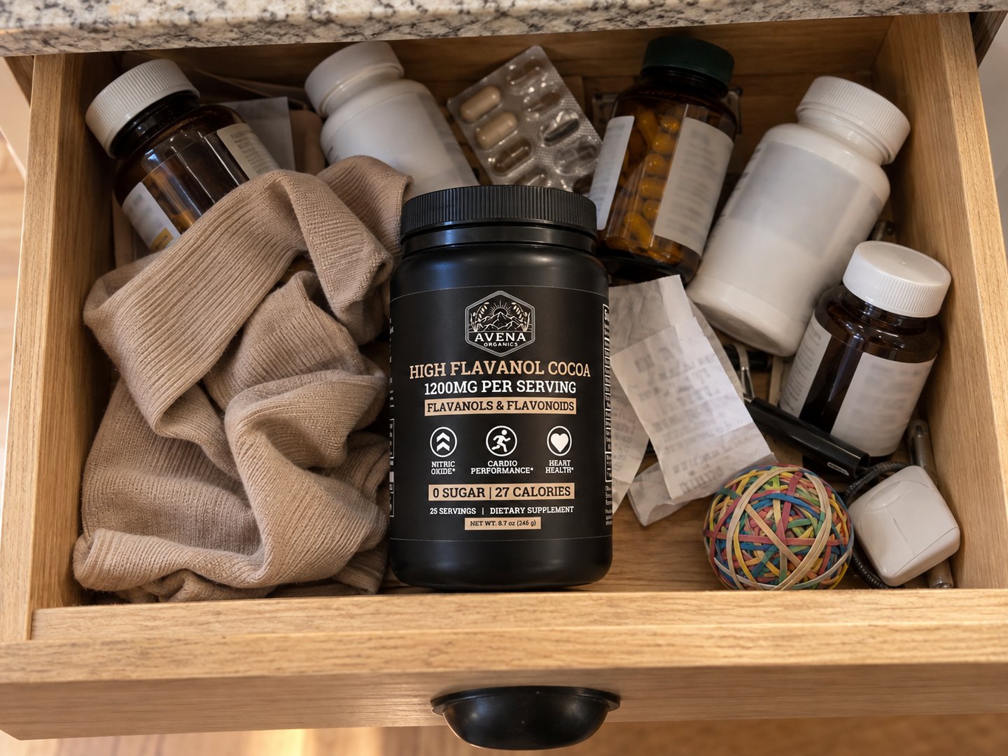 'two years and a drawer full of capsules' — compression socks and half-empty bottles next to one Avena bottle.