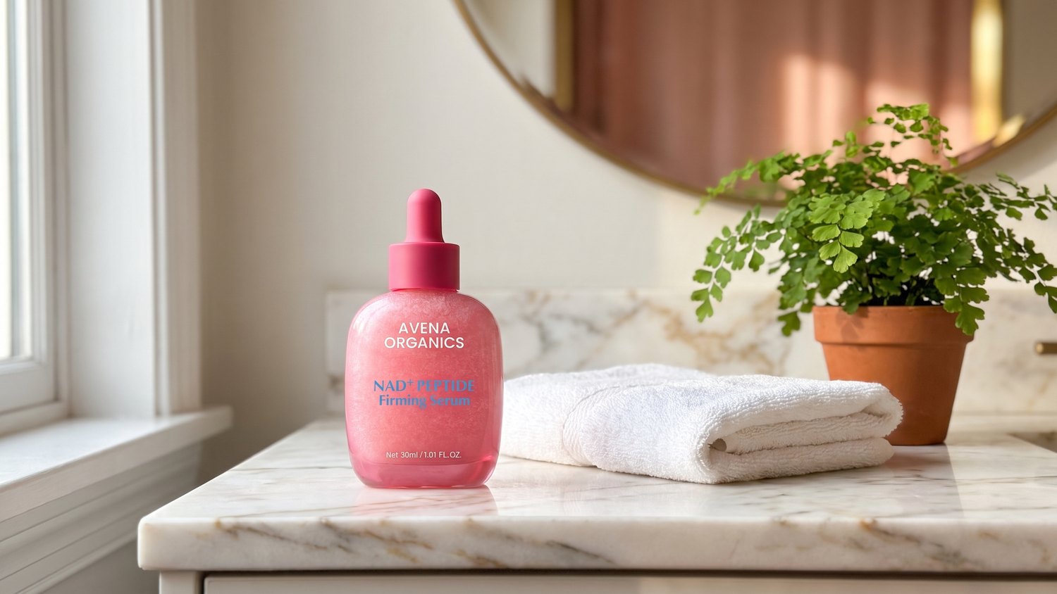 Avena NAD+ Peptide Serum on a bathroom vanity