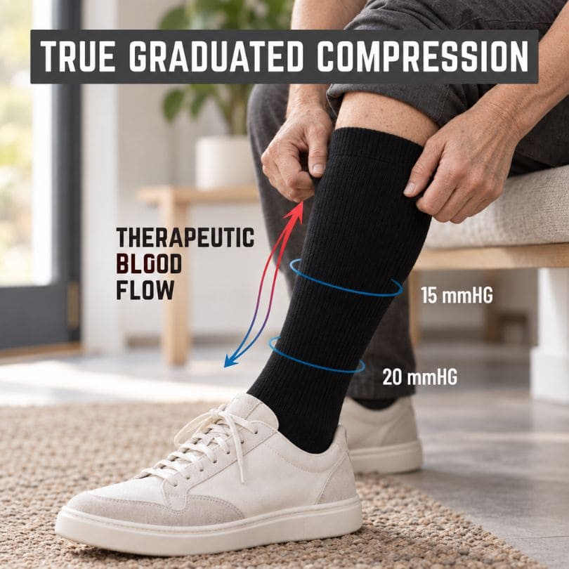 Graduated compression diagram: 15-20 mmHg strongest at the ankle