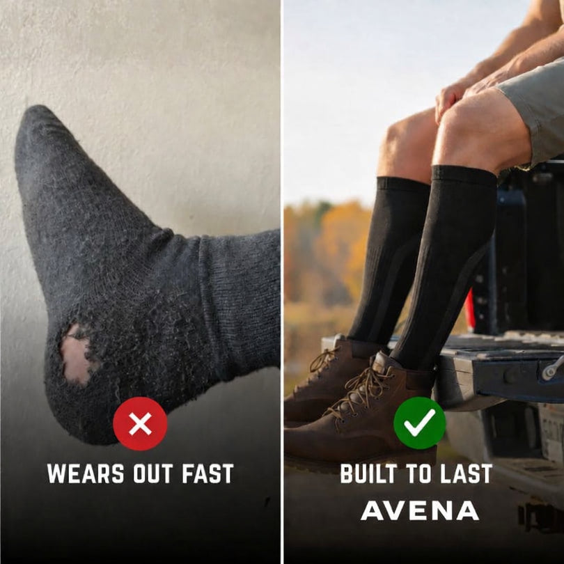 Worn-out compression sock beside a sock built to last