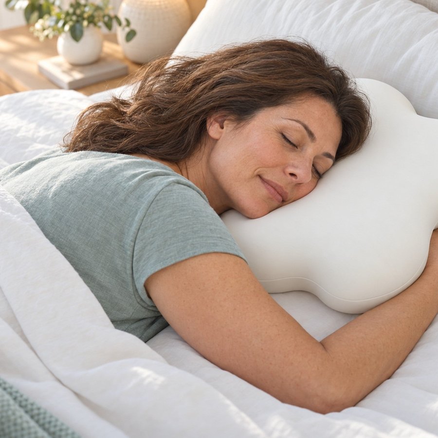 A woman laying her head down on the Cloud Pillow, eyes closed
