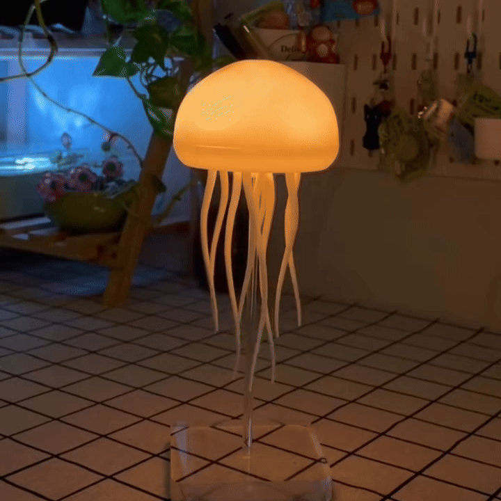 Dancing Glow Jellyfish moving and glowing on its clear pole and square base