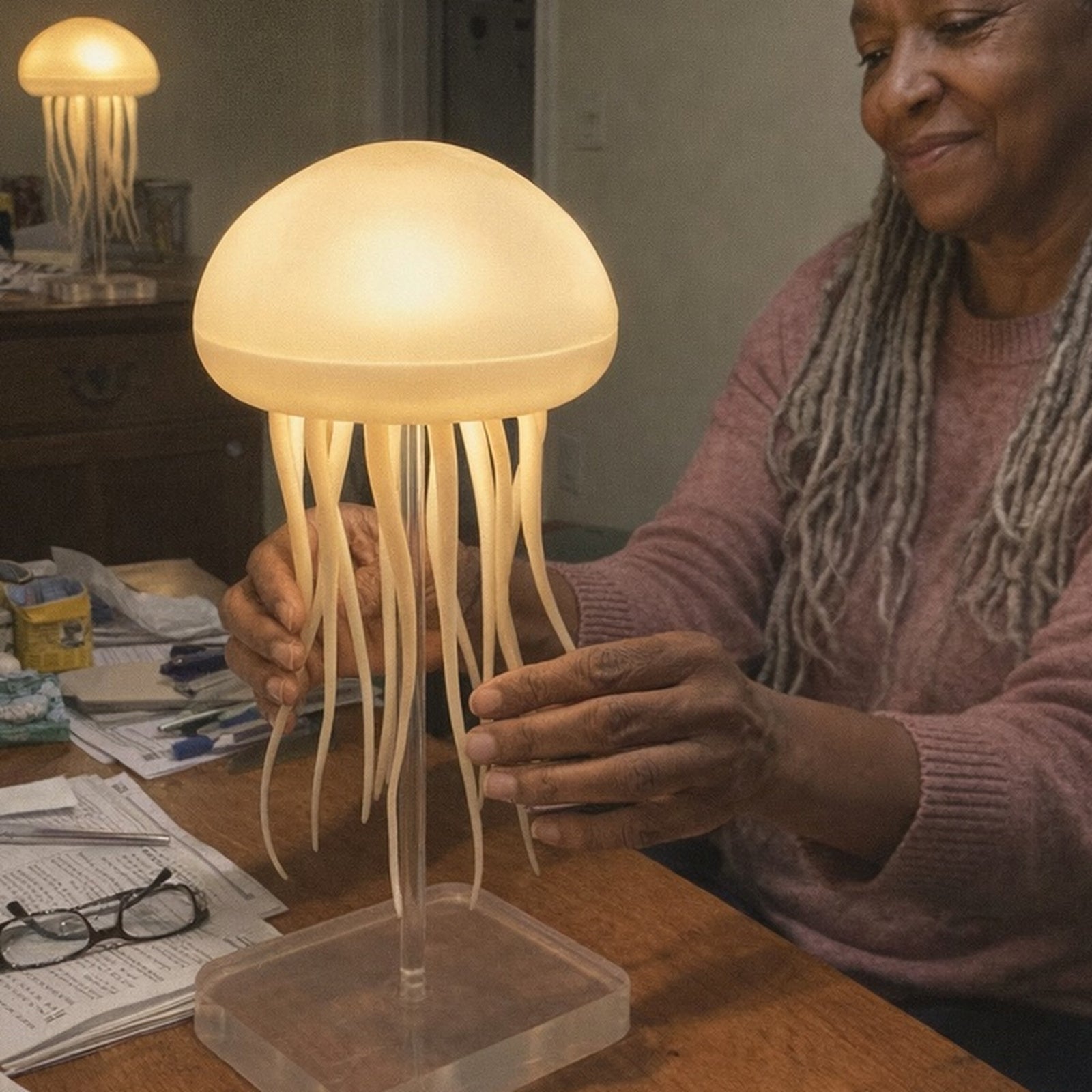 Customer arranging Dancing Glow Jellyfish tentacles at a dining table with a second lamp behind her