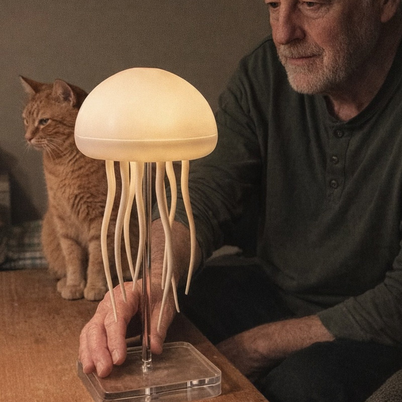 Customer steadying a Dancing Glow Jellyfish by its clear square base while a cat sits behind him