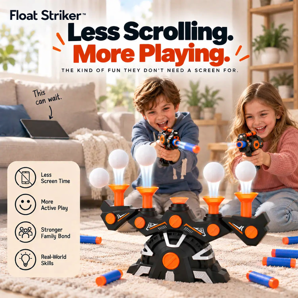 Siblings playing Float Striker with a tablet set aside