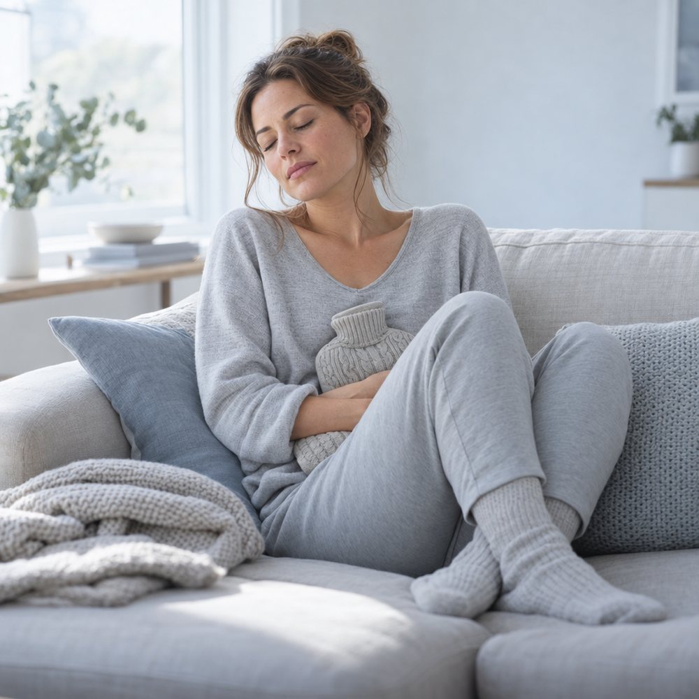 Woman curled on the sofa with a hot water bottle during a heavy period