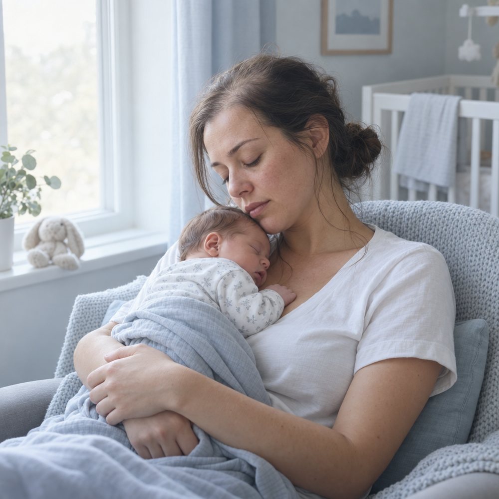 Exhausted new mother resting with her sleeping baby